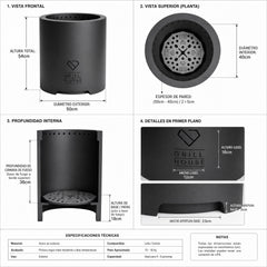 Ficha de medidas del brasero Ranco: 54 cm de alto por 50 cm de diametro