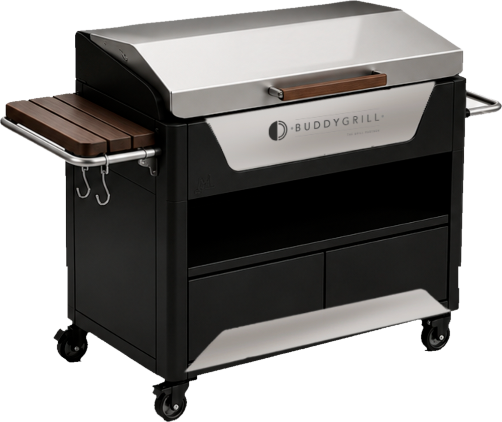 Parrilla Buddy Grill sobre carro, con tapa de acero y repisa de madera